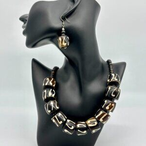 Antique Rare Burmese Pumtek Prayer Beads Fossilized Wood Necklace & Earrings Set